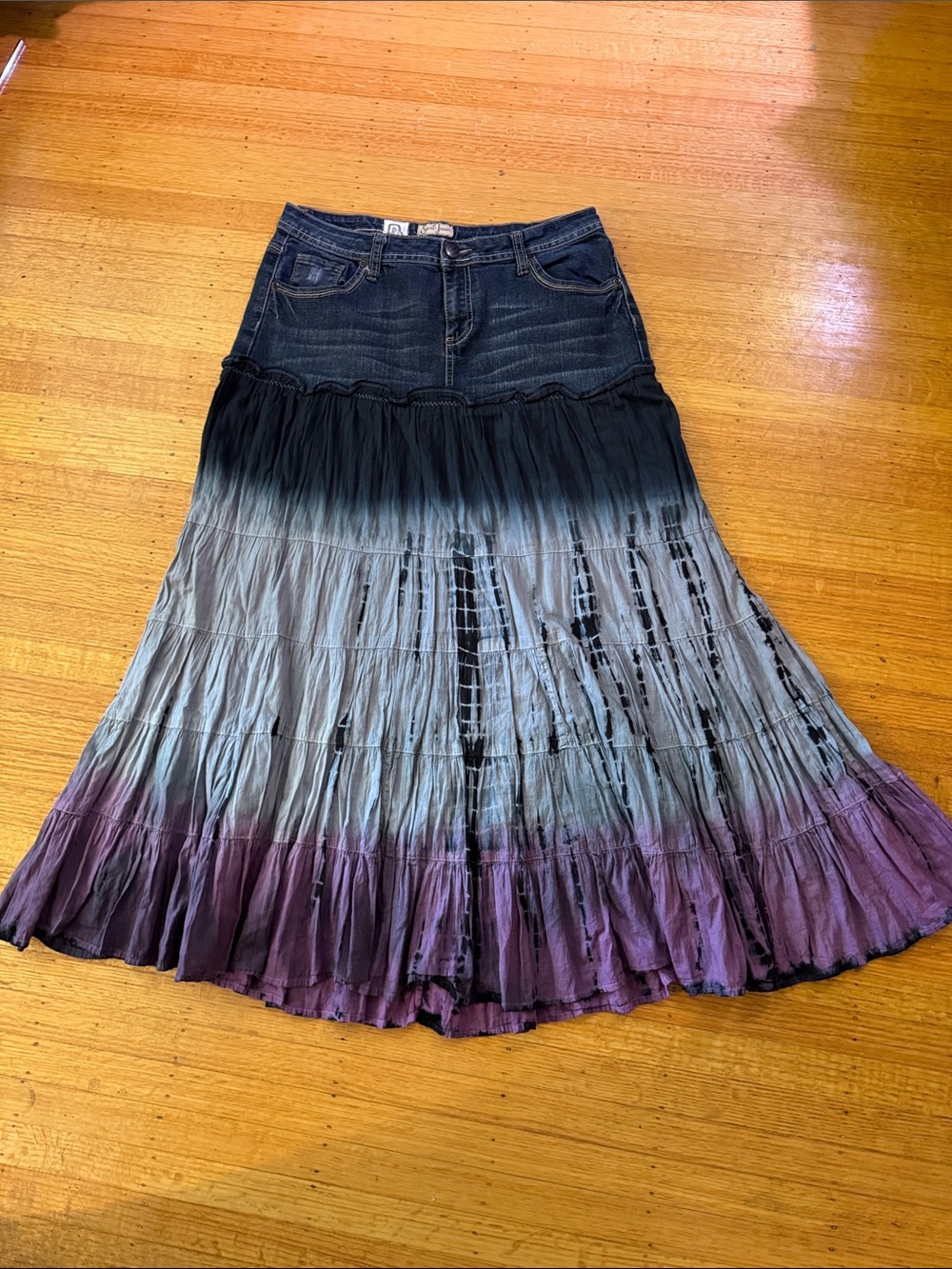 Relove Earl Jeans Ombre Denim Maxi Skirt - Tie Dye Black, Gray, Purple